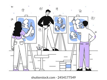 Personas en clase de arte lineal. Hombres y mujeres con pinturas y pinceles cerca de lienzos. Estudio y taller. Creatividad y objetos de arte. Doodle Ilustración vectorial plana aislada sobre fondo blanco