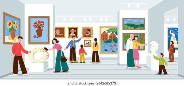 People in art gallery. Cartoon characters visit contemporary art exhibition, man woman look at paintings and sculptures in museum hall. Vector illustration.