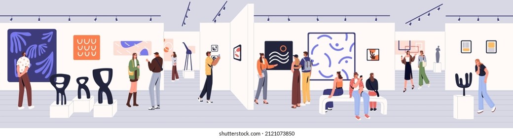 People at Art gallery exhibition. Young museum visitors, men and women, walking, looking abstract paintings, modern pictures, contemporary sculptures of exposition, panorama. Flat vector illustration