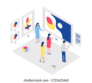 People in art gallery isometric concept. Showroom, modern art, exposition. Design for website templates, posters, banners. Trendy flat 3d style. Vector illustration.