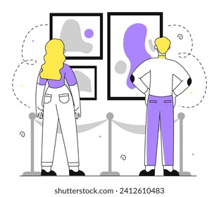 People in art gallery line concept. Man and woman near paintings. Creativity and art. Visitors at exhibition. Cultural leisure. Linear flat vector illustration isolated on white background