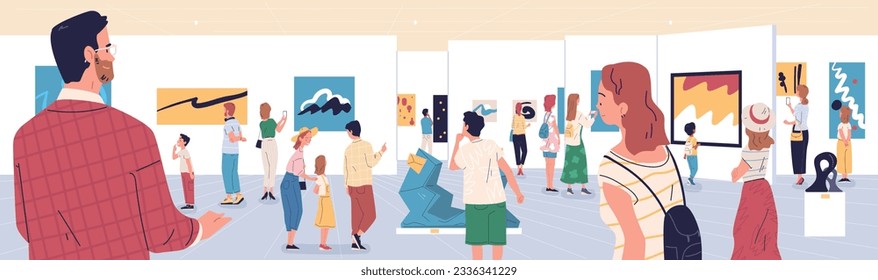 People at art gallery. Public exhibitions visitors group looking paintings and expositive exhibits inside museum or hermitage interior, cultural tourism vector illustration of gallery exhibition art