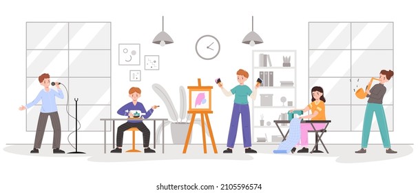 People with art, handicraft, creative hobbies in co-working space. Creative workers in coworking center, musicians and artist vector illustration. Hobby creative workflow. Creative artist at workshop