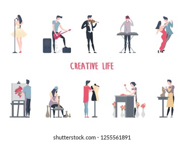 People at art job or creative profession, man and woman at entertainment work. Singer and musician with guitar and synthesizer, dancers and painter, potter, fashion designer, florist, sculptor. Work