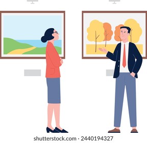 People in art museum. Gallery exhibition wih artwork paintings