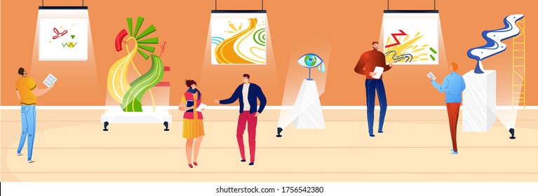 People in art museum vector illustration. Cartoon flat man woman visitors admire exhibit, painting and sculpture of modern artist, walk in art exhibition gallery, guide character talk about exposition