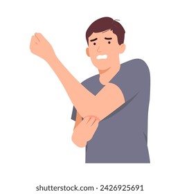 People with arthritis have elbow pain. Suffering man had joint or bone problems.Modern trendy style. Hand drawn vector character illustration. Isolated on white background.