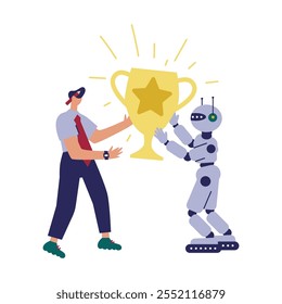 Ilustração do conceito de sucesso de comunicação de robôs de inteligência artificial e pessoas. Homem de negócios e robô de inteligência artificial ganhando troféu e comemorando a vitória, alcançando a recompensa, prêmio.