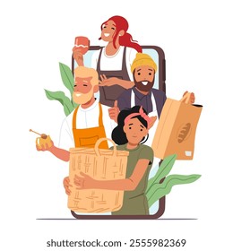 People artisans characters selling handmade goods online e-business digital marketing and social advertising cartoon scene. Ecology products, natural food and craft stuff sale vector illustration