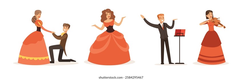 People Artist at Classic Theater Stage and Artistic Theatrical Performance Vector Set