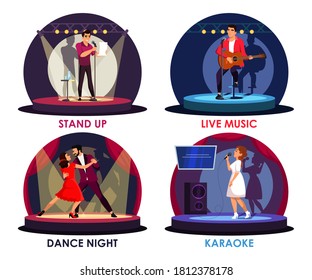 People artist performance on vector stage isolated set on white background. Man woman character singing, dancing, playing guitar, talking. Standup, live music, dancing night, karaoke. Talent show