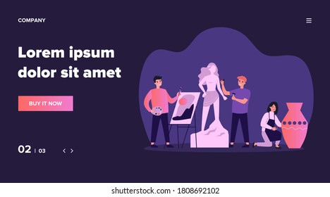 People from artists community creating artworks flat vector illustration. Cartoon characters painting, drawing and sculpting at workshop. Studio residence, graphic design and art concept