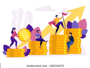 People Ascending by Coins Graph. Financial Growth Concept. Businessmen Climbing Stairs Toward Money. Financial Success. Arrow Upwards. Corporate Spirit and Goals. Leader is on Top. Vector EPS 10.