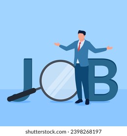 La gente pregunta por el trabajo delante del mundo, una metáfora para buscar trabajo. Simple ilustración conceptual plana.