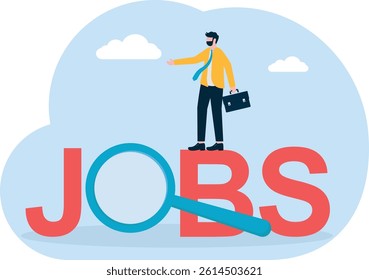 People ask about work in front of the word job, a metaphor for looking for work. Simple flat conceptual illustration.

