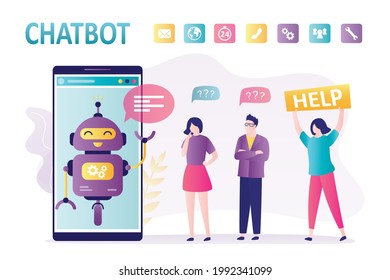 People ask different questions to chat bot. Virtual assistant on smartphone screen. Characters ask artificial intelligence for help. Concept of customer service, support, hotline. Vector illustration