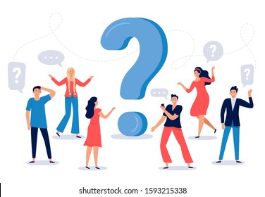 People ask question. Confused person asking questions, crowd finding answers and question sign vector illustration. Collective brainstorm, mutual assistance concept. Public problem solution platform