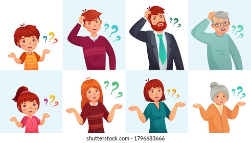 People ask questions, doubt or confused. Man and woman thinking or hesitating with question marks. Children, teenagers, old grandparents shrugging shoulders, searching solution vector illustration