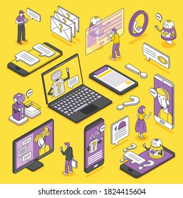 People asking computer and smartphone chatbot for help isometric icons set isolated on yellow background vector illustration