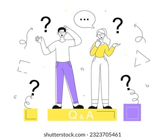 People asking question line concept. Communication and interaction, knowledge and information. Call center and support, answers to frequently asked questions. Linear flat vector illustration