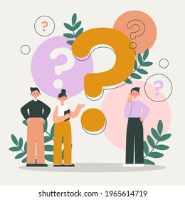 People asking question. Pensive person reflect. People think, talk clever answer. Group partner communication for solution task.  Humans solve riddle, doubt. Difficulty dialog. Vector illustration. 