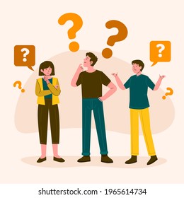 People asking question. Pensive person reflect. People think, talk clever answer. Group partner communication for solution task.  Humans solve riddle, doubt. Difficulty dialog. Vector illustration. 