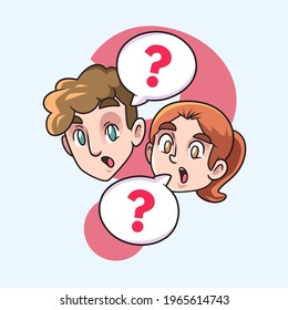 La gente pregunta. Reflexión de una persona pensativa. La gente piensa, habla bien. Comunicación de socios de grupo para la tarea de solución.  Los humanos solucionan el acertijo, la duda. Diálogo difícil. Ilustración vectorial. 