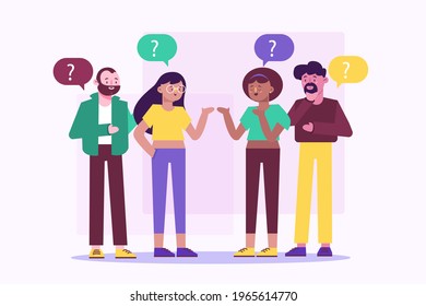 People asking question. Pensive person reflect. People think, talk clever answer. Group partner communication for solution task.  Humans solve riddle, doubt. Difficulty dialog. Vector illustration. 