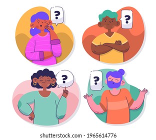People asking question. Pensive person reflect. People think, talk clever answer. Group partner communication for solution task.  Humans solve riddle, doubt. Difficulty dialog. Vector illustration. 