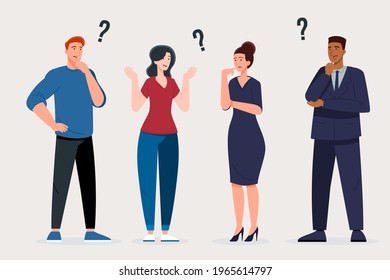 People asking question. Pensive person reflect. People think, talk clever answer. Group partner communication for solution task.  Humans solve riddle, doubt. Difficulty dialog. Vector illustration. 