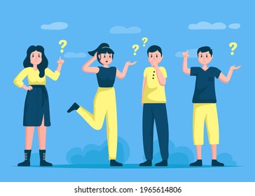People asking question. Pensive person reflect. People think, talk clever answer. Group partner communication for solution task.  Humans solve riddle, doubt. Difficulty dialog. Vector illustration. 