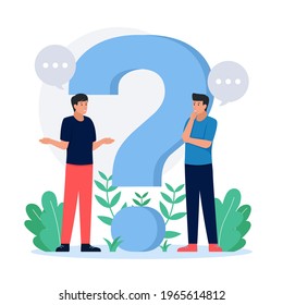 People asking question. Pensive person reflect. People think, talk clever answer. Group partner communication for solution task.  Humans solve riddle, doubt. Difficulty dialog. Vector illustration. 