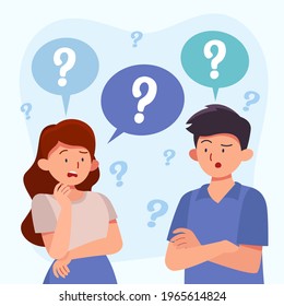 People asking question. Pensive person reflect. People think, talk clever answer. Group partner communication for solution task.  Humans solve riddle, doubt. Difficulty dialog. Vector illustration. 