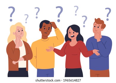 People asking question. Pensive person reflect. People think, talk clever answer. Group partner communication for solution task.  Humans solve riddle, doubt. Difficulty dialog. Vector illustration. 