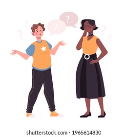 La gente pregunta. Reflexión de una persona pensativa. La gente piensa, habla bien. Comunicación de socios de grupo para la tarea de solución.  Los humanos solucionan el acertijo, la duda. Diálogo difícil. Ilustración vectorial. 