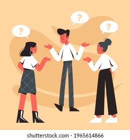 People asking question. Pensive person reflect. People think, talk clever answer. Group partner communication for solution task.  Humans solve riddle, doubt. Difficulty dialog. Vector illustration. 