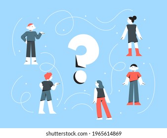 People asking question. Pensive person reflect. People think, talk clever answer. Group partner communication for solution task.  Humans solve riddle, doubt. Difficulty dialog. Vector illustration. 