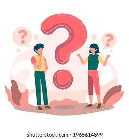 People asking question. Pensive person reflect. People think, talk clever answer. Group partner communication for solution task.  Humans solve riddle, doubt. Difficulty dialog. Vector illustration. 