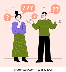 La gente pregunta. Reflexión de una persona pensativa. La gente piensa, habla bien. Comunicación de socios de grupo para la tarea de solución.  Los humanos solucionan el acertijo, la duda. Diálogo difícil. Ilustración vectorial. 