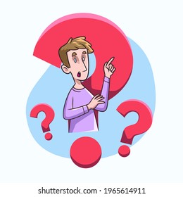 People asking question. Pensive person reflect. People think, talk clever answer. Group partner communication for solution task.  Humans solve riddle, doubt. Difficulty dialog. Vector illustration. 