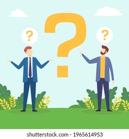 People asking question. Pensive person reflect. People think, talk clever answer. Group partner communication for solution task.  Humans solve riddle, doubt. Difficulty dialog. Vector illustration. 