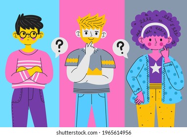 People asking question. Pensive person reflect. People think, talk clever answer. Group partner communication for solution task.  Humans solve riddle, doubt. Difficulty dialog. Vector illustration. 