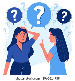 People asking question. Pensive person reflect. People think, talk clever answer. Group partner communication for solution task.  Humans solve riddle, doubt. Difficulty dialog. Vector illustration. 