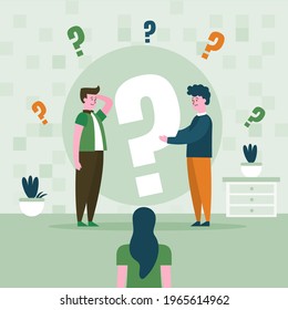 People asking question. Pensive person reflect. People think, talk clever answer. Group partner communication for solution task.  Humans solve riddle, doubt. Difficulty dialog. Vector illustration. 