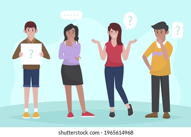 People asking question. Pensive person reflect. People think, talk clever answer. Group partner communication for solution task.  Humans solve riddle, doubt. Difficulty dialog. Vector illustration. 