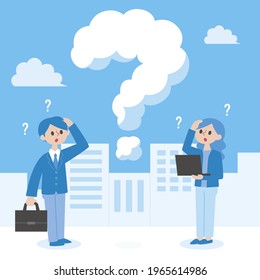 People asking question. Pensive person reflect. People think, talk clever answer. Group partner communication for solution task.  Humans solve riddle, doubt. Difficulty dialog. Vector illustration. 