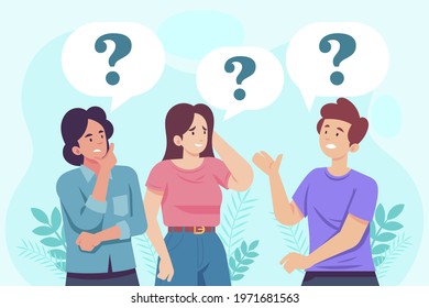 People asking question. Pensive person reflect. People think, talk clever answer. Group partner communication for solution task.  Humans solve riddle, doubt. Difficulty dialog. Vector illustration. 