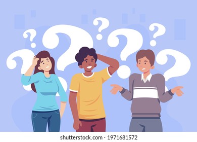 People Asking Question. Pensive Person Reflect. People Think, Talk Clever Answer. Group Partner Communication For Solution Task.  Humans Solve Riddle, Doubt. Difficulty Dialog. Vector Illustration. 