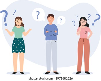 People asking question. Pensive person reflect. People think, talk clever answer. Group partner communication for solution task.  Humans solve riddle, doubt. Difficulty dialog. Vector illustration. 