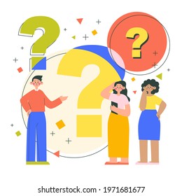 People asking question. Pensive person reflect. People think, talk clever answer. Group partner communication for solution task.  Humans solve riddle, doubt. Difficulty dialog. Vector illustration. 